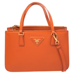 Prada Orange Saffiano Cuir Patent Leather Double Zip Tote