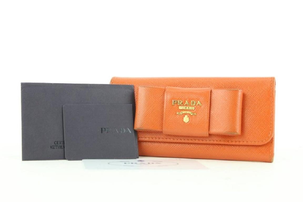 Women's Prada Orange Saffiano Leather Bow 6 Key Holder Wallet Case 354pr525