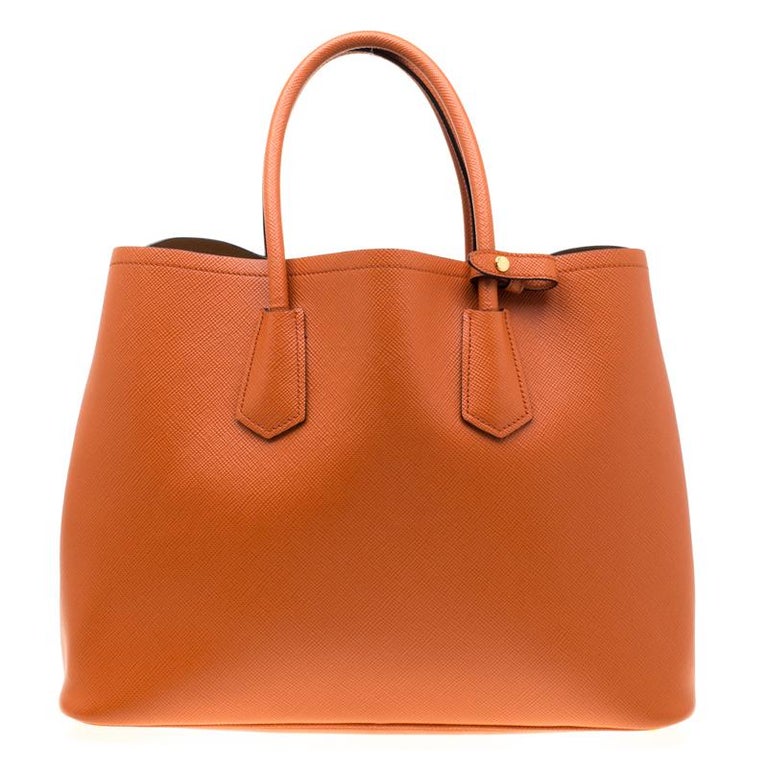 Prada Orange Saffiano Leather Double Handle Tote For Sale at 1stDibs