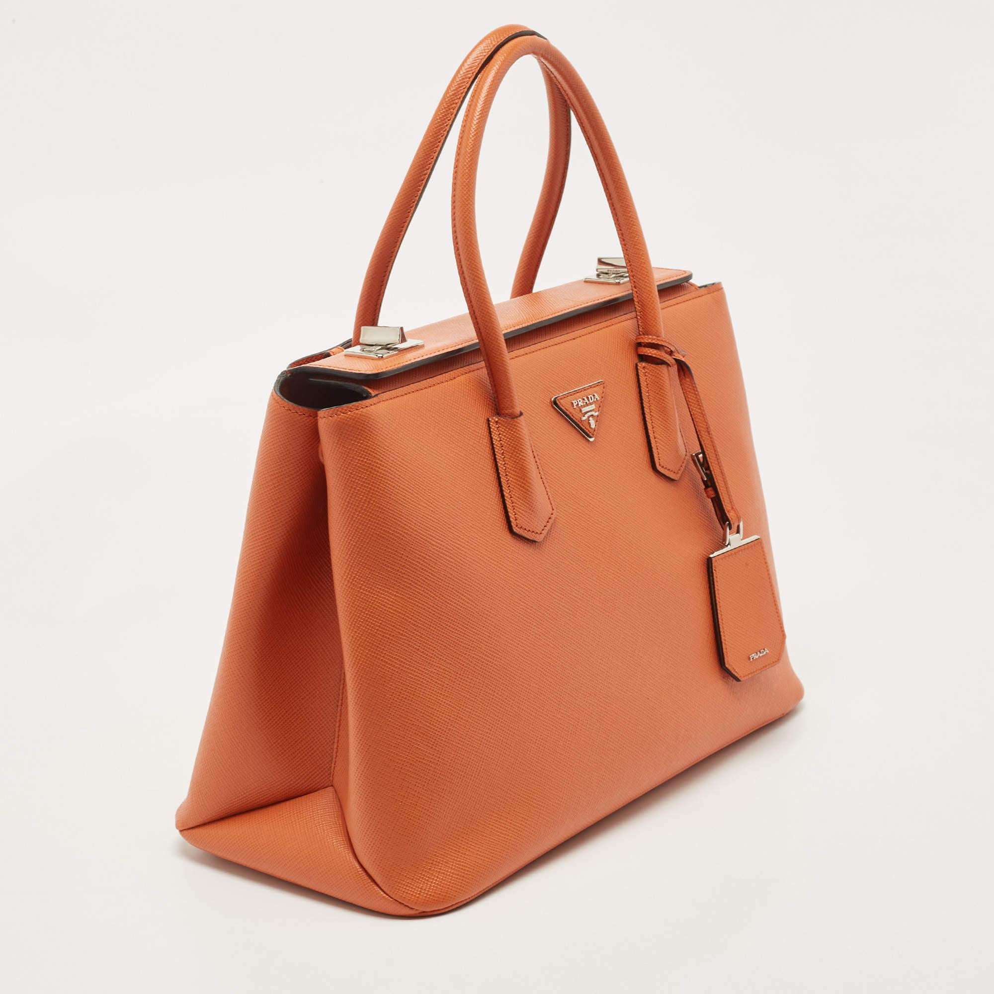 Prada Orange Saffiano Leather Large Twin Tote In Good Condition In Dubai, Al Qouz 2