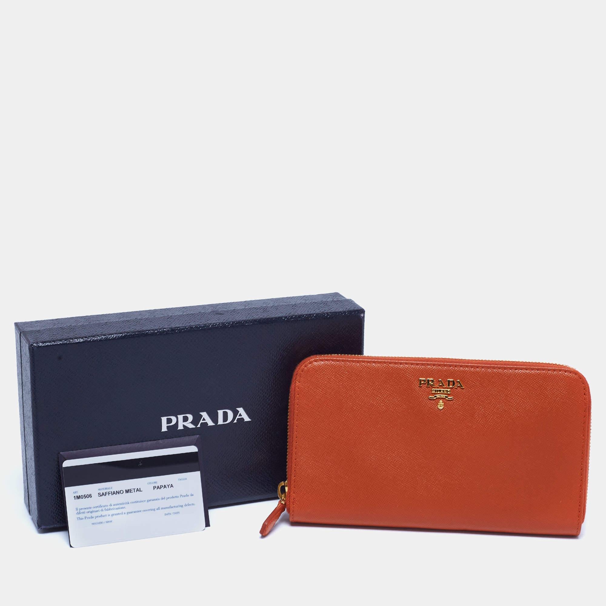 Prada Orange Saffiano Leather Zip Around Continental Wallet 6