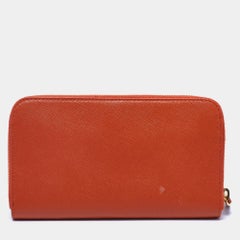 Prada Orange Saffiano Leather Zip Around Continental Wallet
