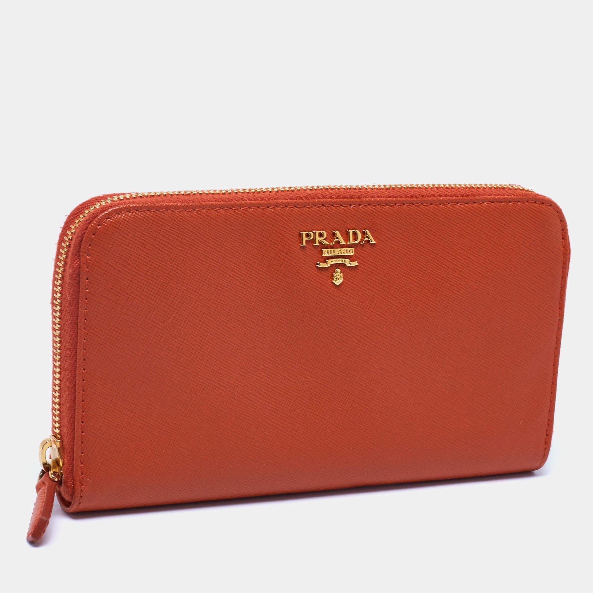 Prada Orange Saffiano Leather Zip Around Continental Wallet In Excellent Condition In Dubai, Al Qouz 2