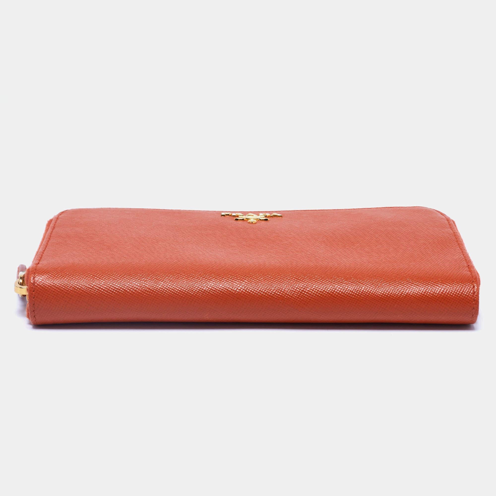 Women's Prada Orange Saffiano Leather Zip Around Continental Wallet