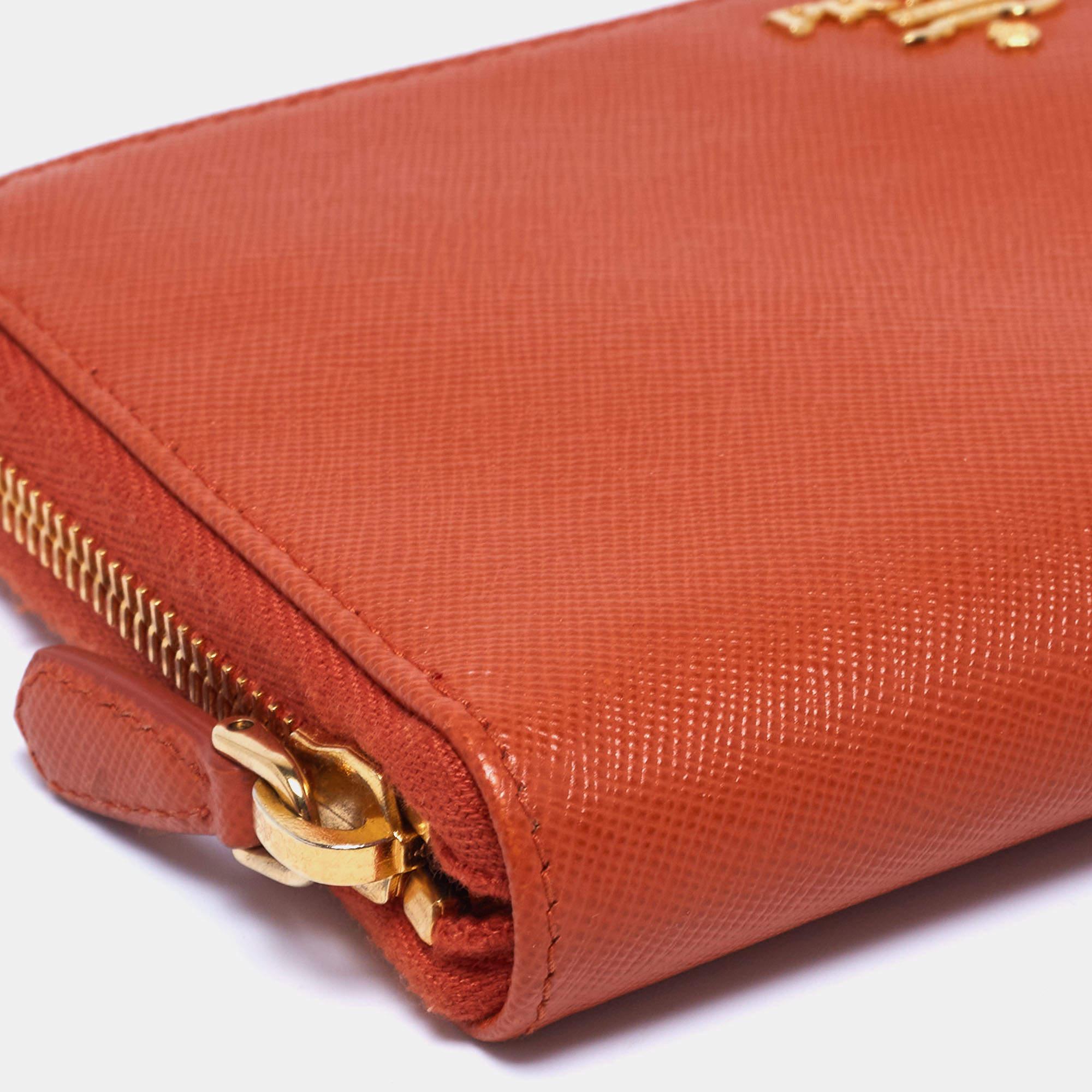 Prada Orange Saffiano Leather Zip Around Continental Wallet 1