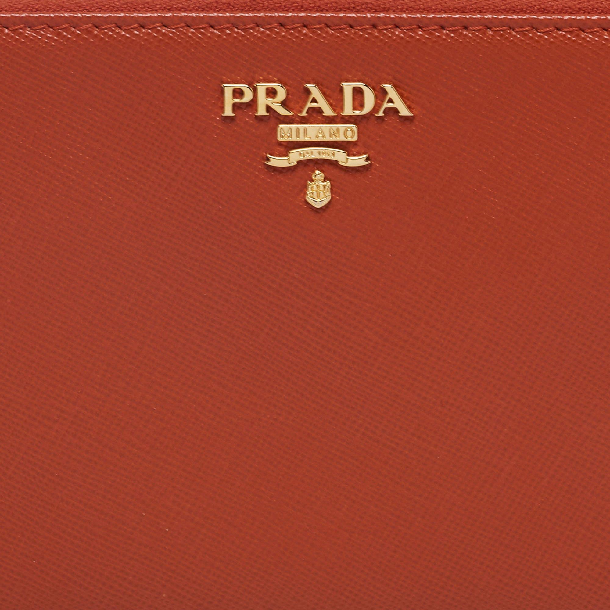 Prada Orange Saffiano Leather Zip Around Continental Wallet 2