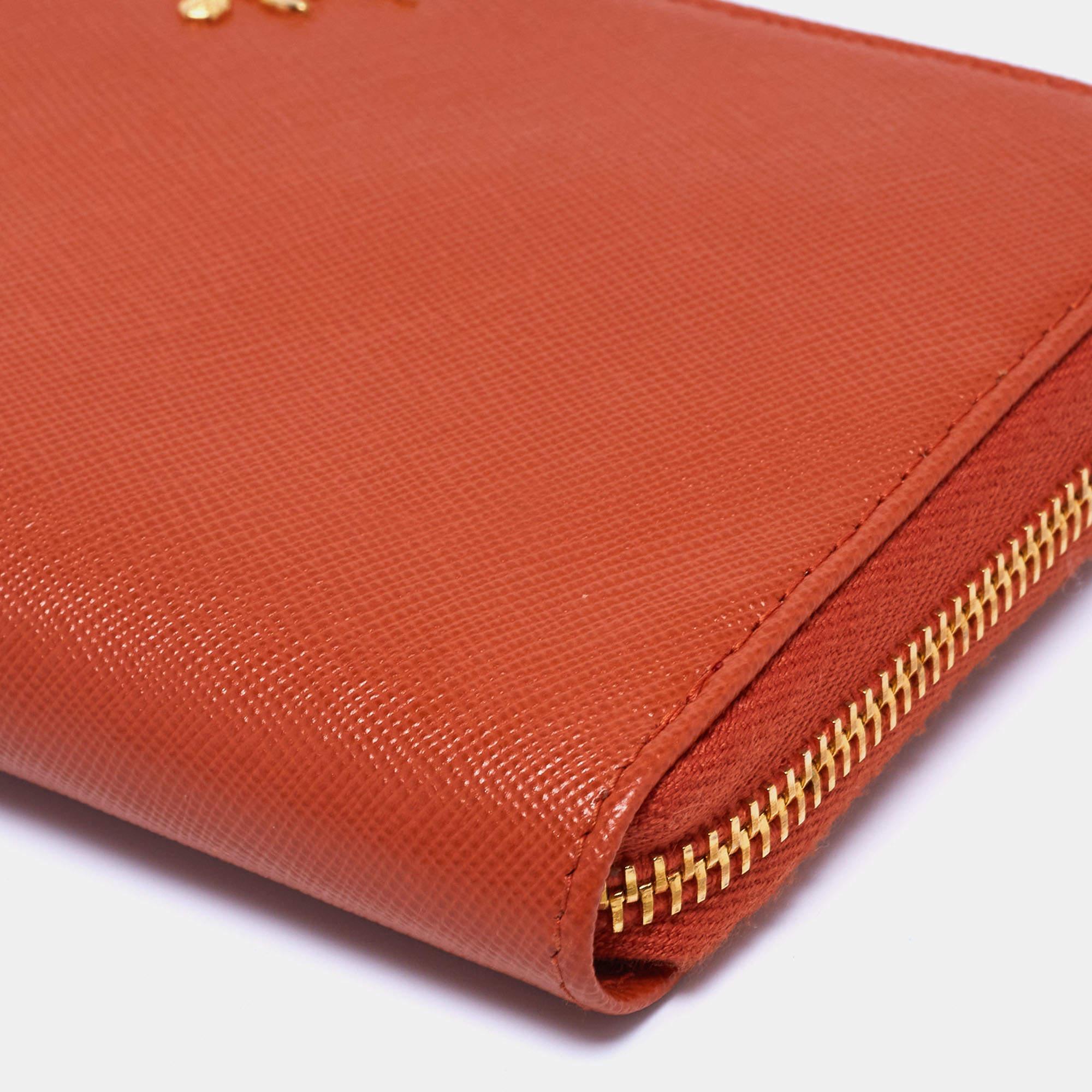 Prada Orange Saffiano Leather Zip Around Continental Wallet 3