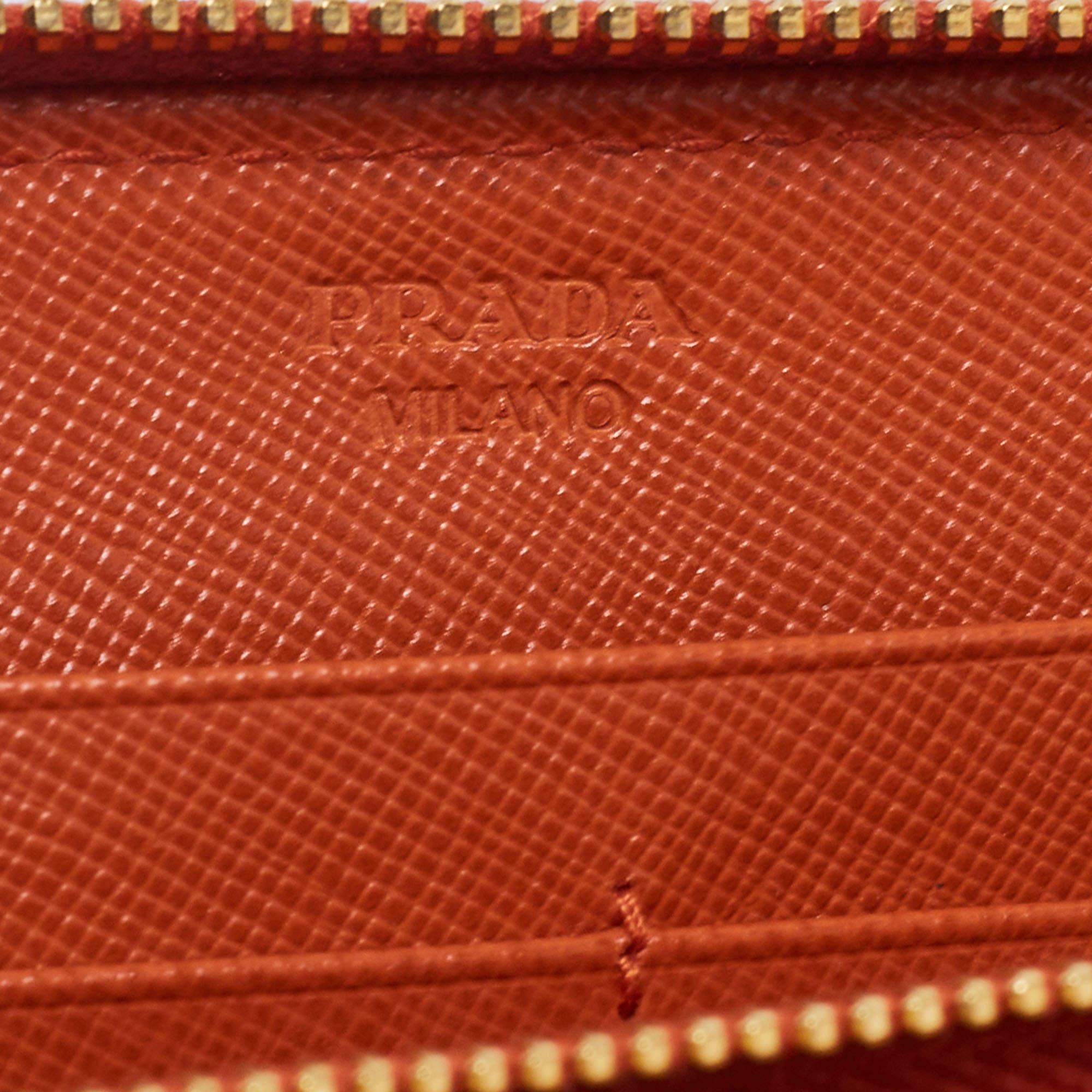 Prada Orange Saffiano Leather Zip Around Continental Wallet 5