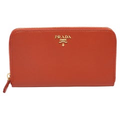 Prada Orange Saffiano Leather Zip Around Continental Wallet