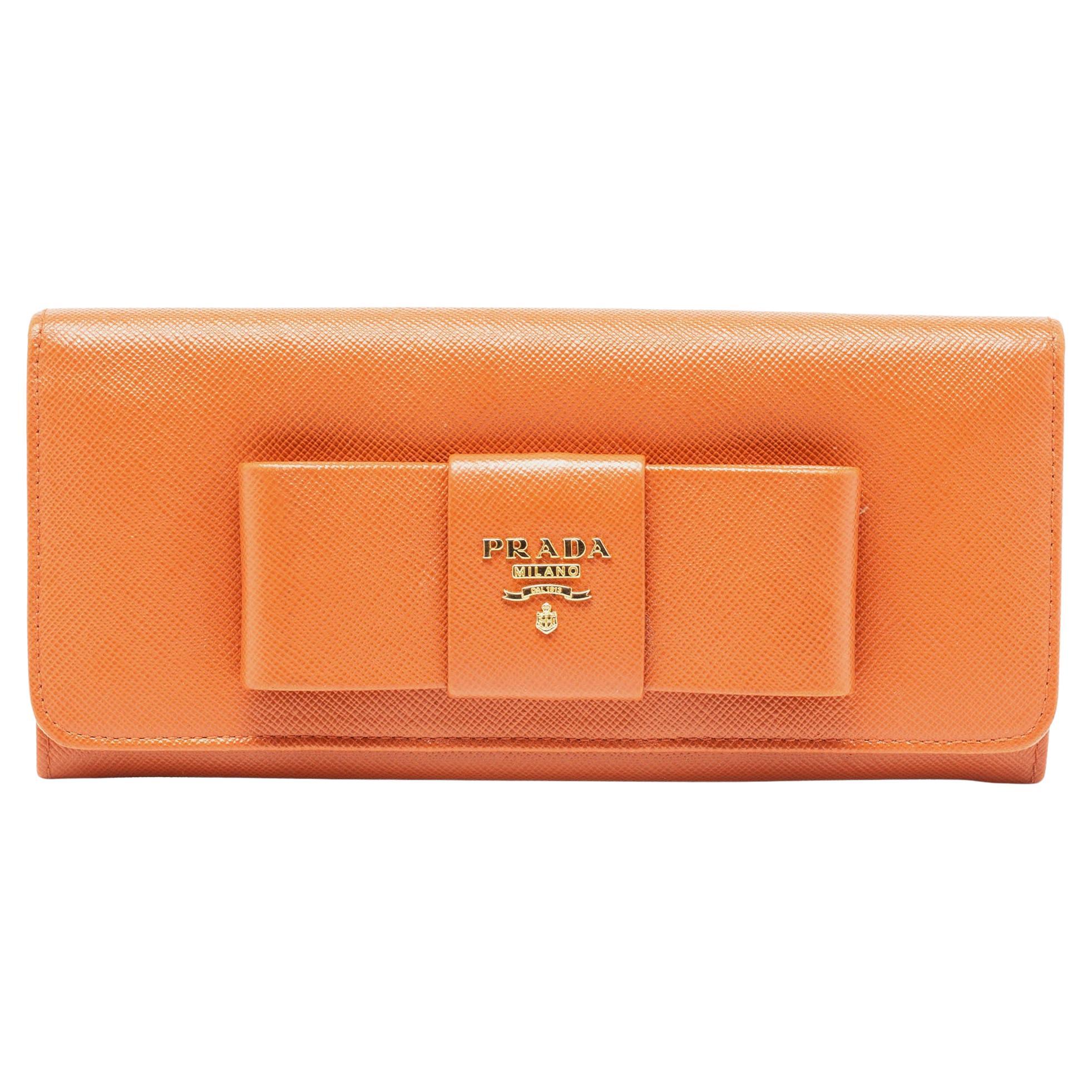 Prada Orange Saffiano Lux Leather Bow Flap Continental Wallet