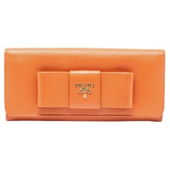 Prada Orange Saffiano Lux Leather Bow Flap Continental Wallet