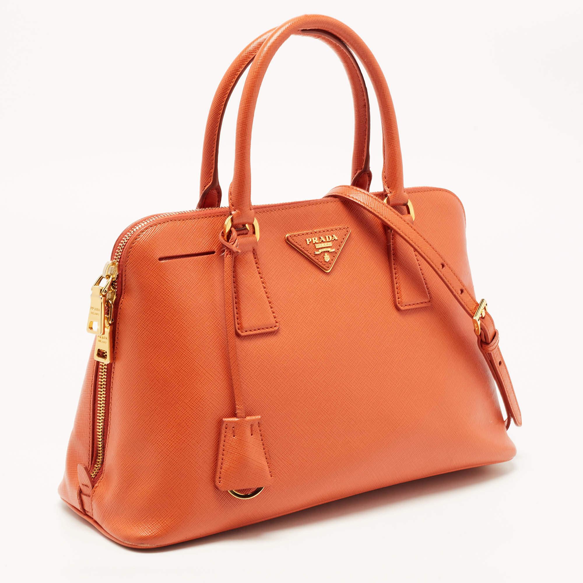 Women's Prada Orange Saffiano Lux Leather Dome Satchel