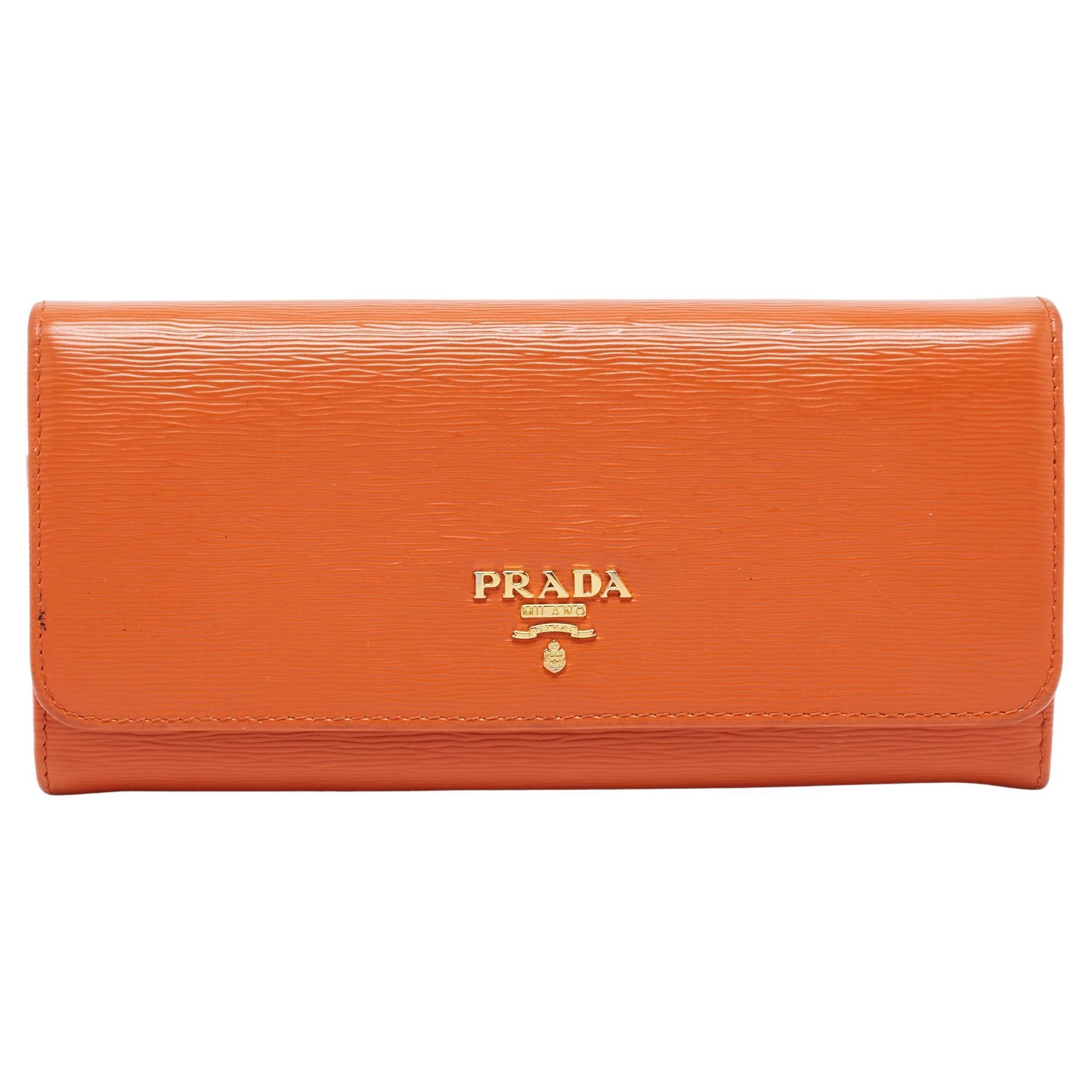 Prada Orange Saffiano Lux Leather Flap Continental Wallet