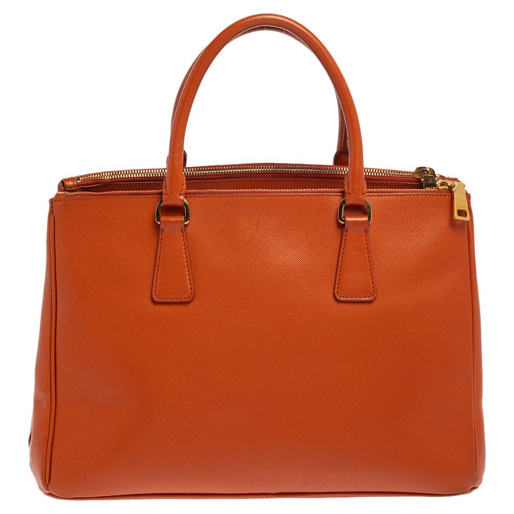 Red Prada Orange Saffiano Lux Leather Medium Double Zip Tote