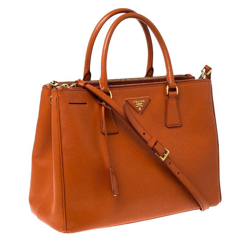 Women's Prada Orange Saffiano Lux Leather Medium Double Zip Tote