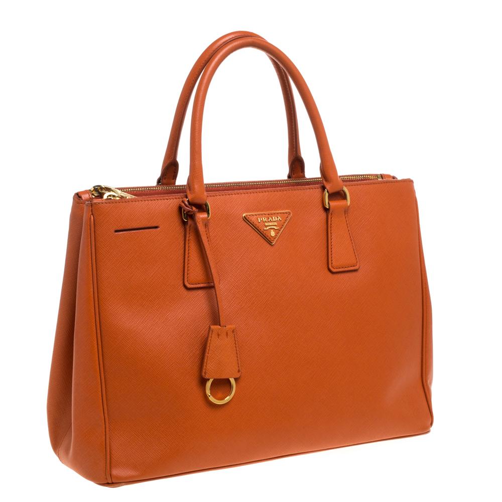 Red Prada Orange Saffiano Lux Leather Medium Double Zip Tote