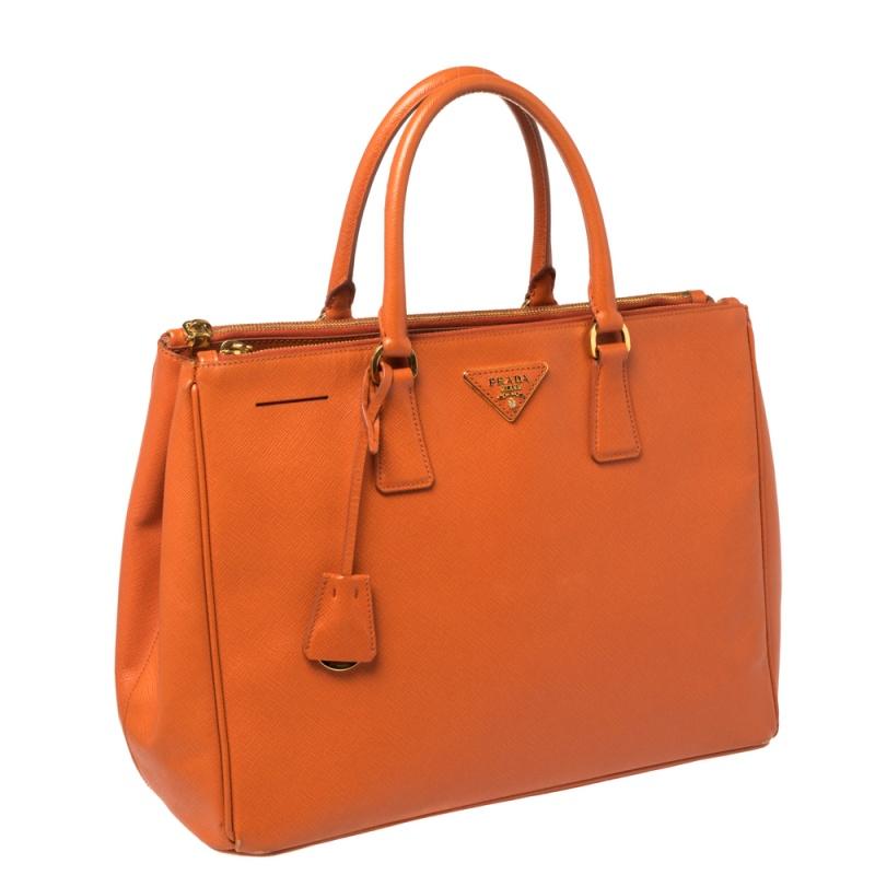 Women's Prada Orange Saffiano Lux Leather Medium Double Zip Tote