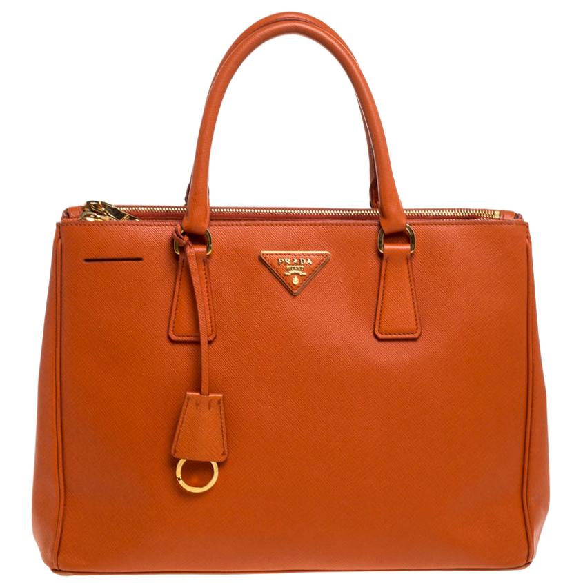 Prada Orange Saffiano Lux Leather Medium Double Zip Tote