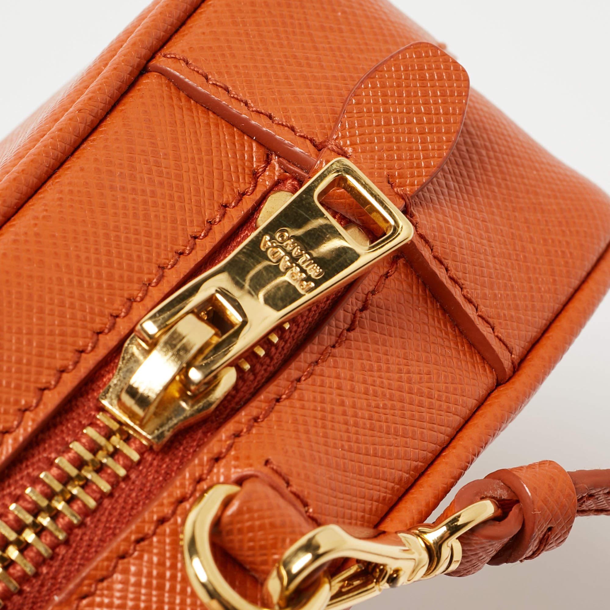 Prada Orange Saffiano Lux Leather Mini Top Zip Camera Bag 6