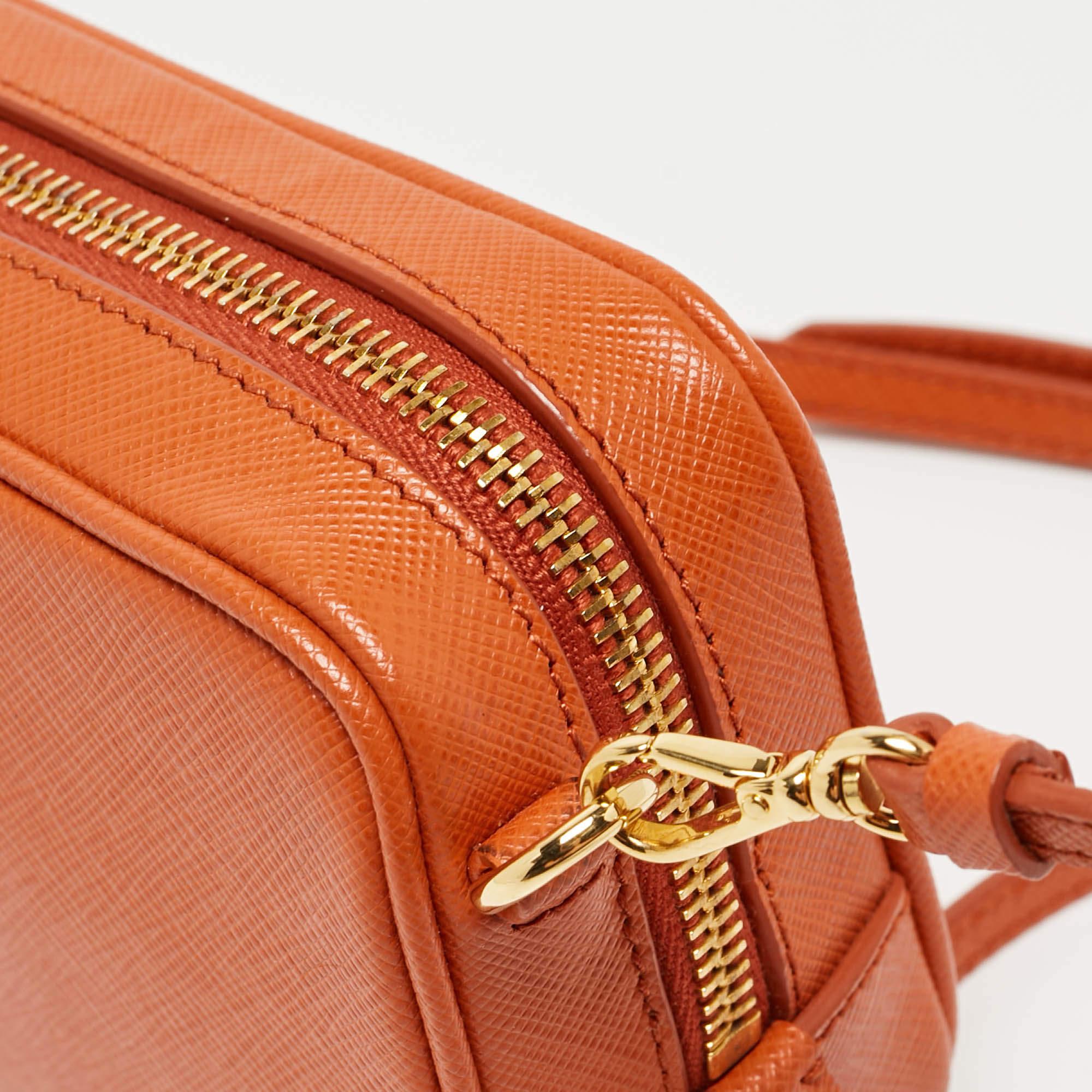 Prada Orange Saffiano Lux Leather Mini Top Zip Camera Bag For Sale 8