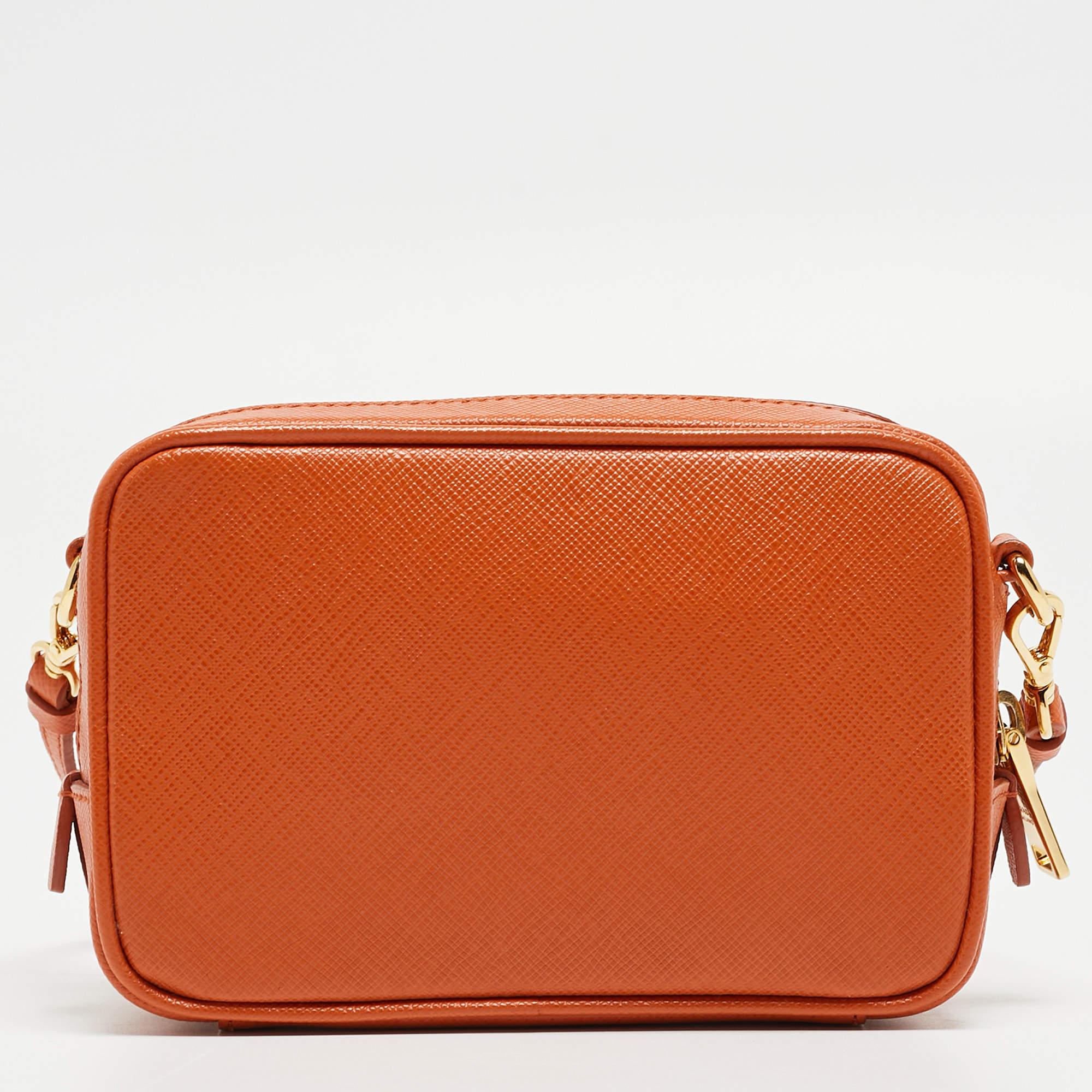 Prada Orange Saffiano Lux Leather Mini Top Zip Camera Bag For Sale 12