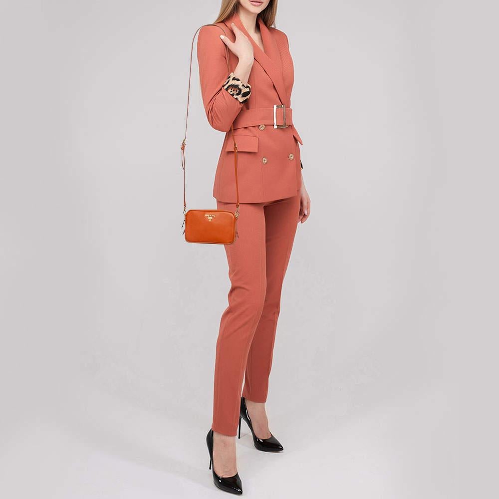 Prada Orange Saffiano Lux Leather Mini Top Zip Camera Bag In New Condition In Dubai, Al Qouz 2