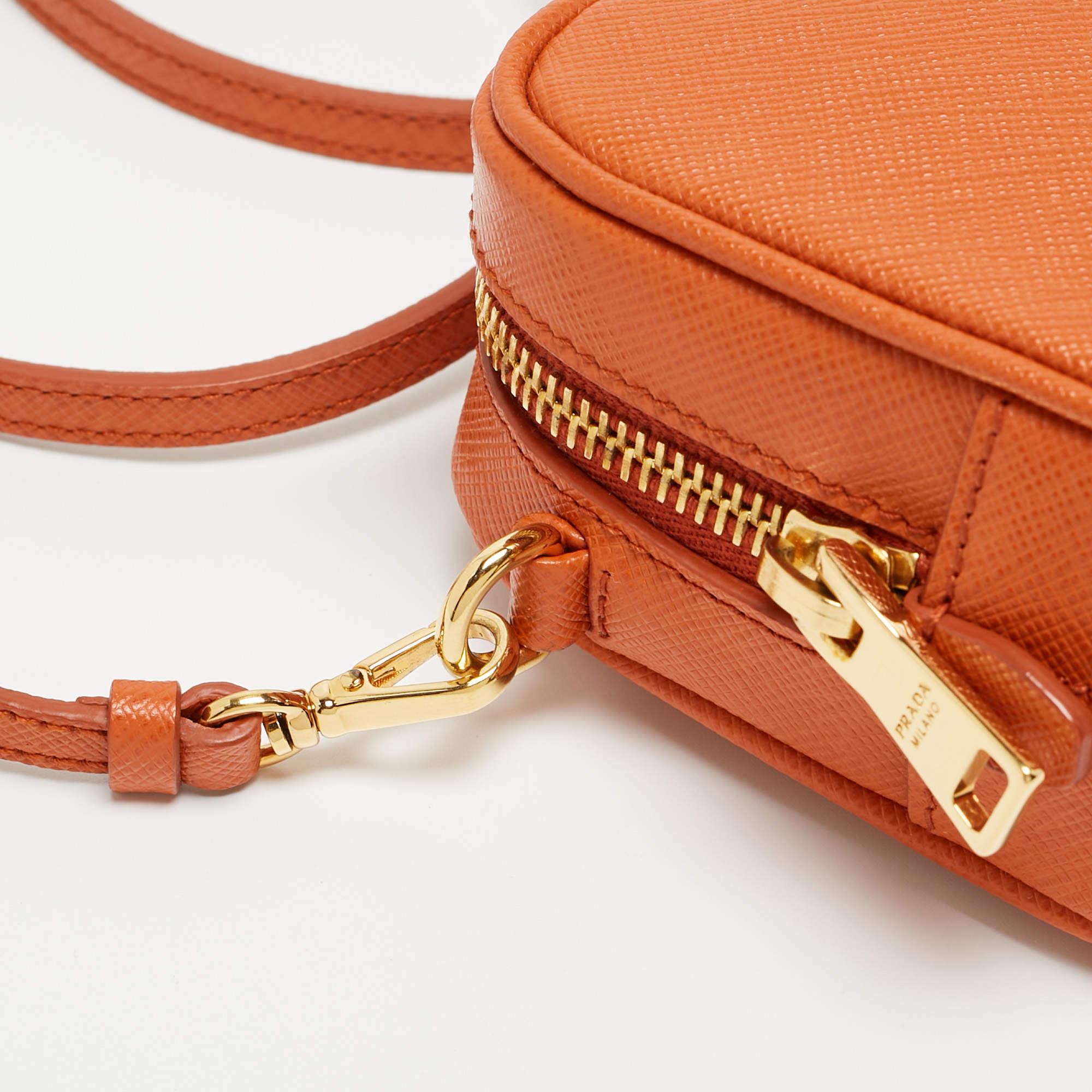 Prada Orange Saffiano Lux Leather Mini Top Zip Camera Bag For Sale 3