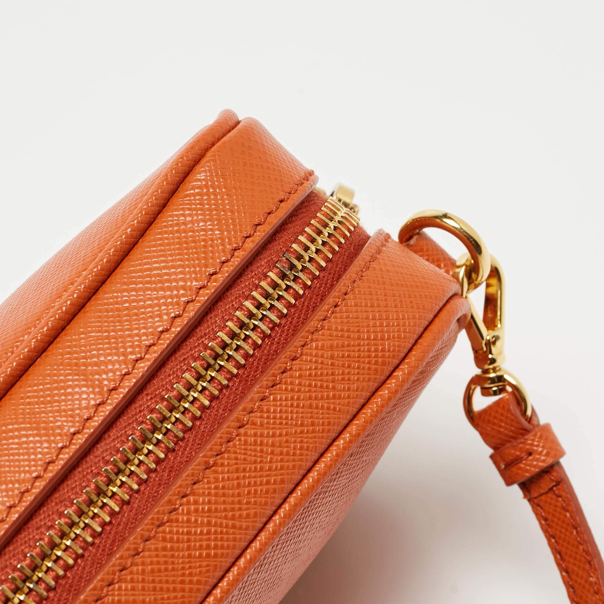 Prada Orange Saffiano Lux Leather Mini Top Zip Camera Bag For Sale 5