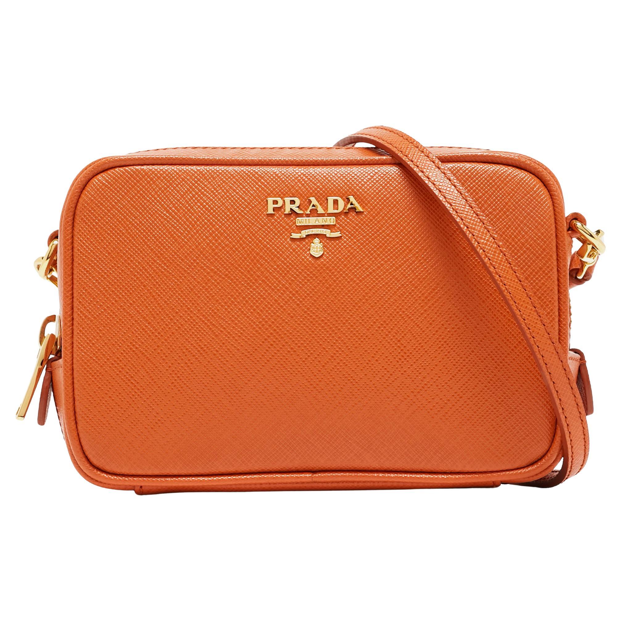 Prada Orange Saffiano Lux Leather Mini Top Zip Camera Bag For Sale