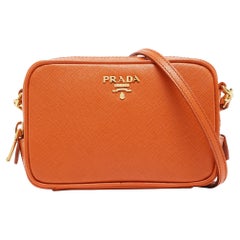 Used Prada Orange Saffiano Lux Leather Mini Top Zip Camera Bag