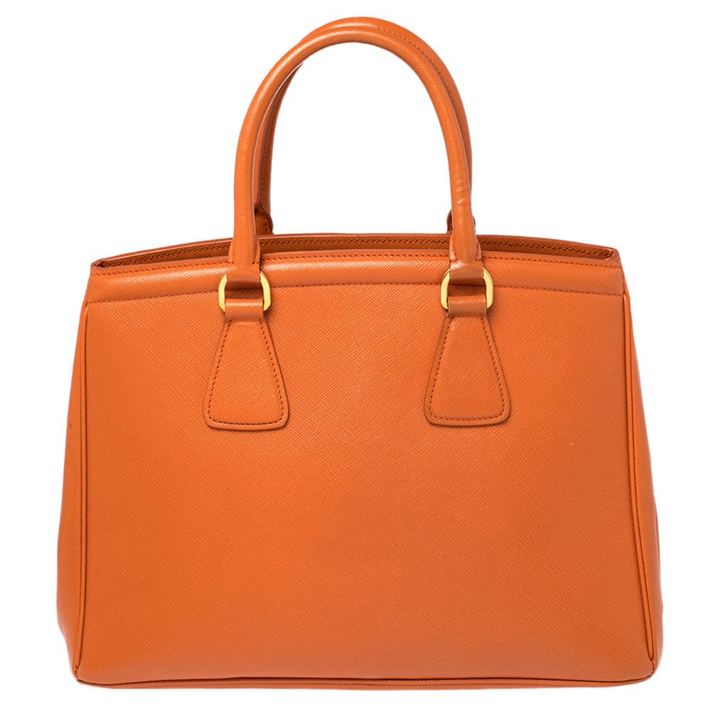 Women's Prada Orange Saffiano Lux Leather Parabole Tote Bag