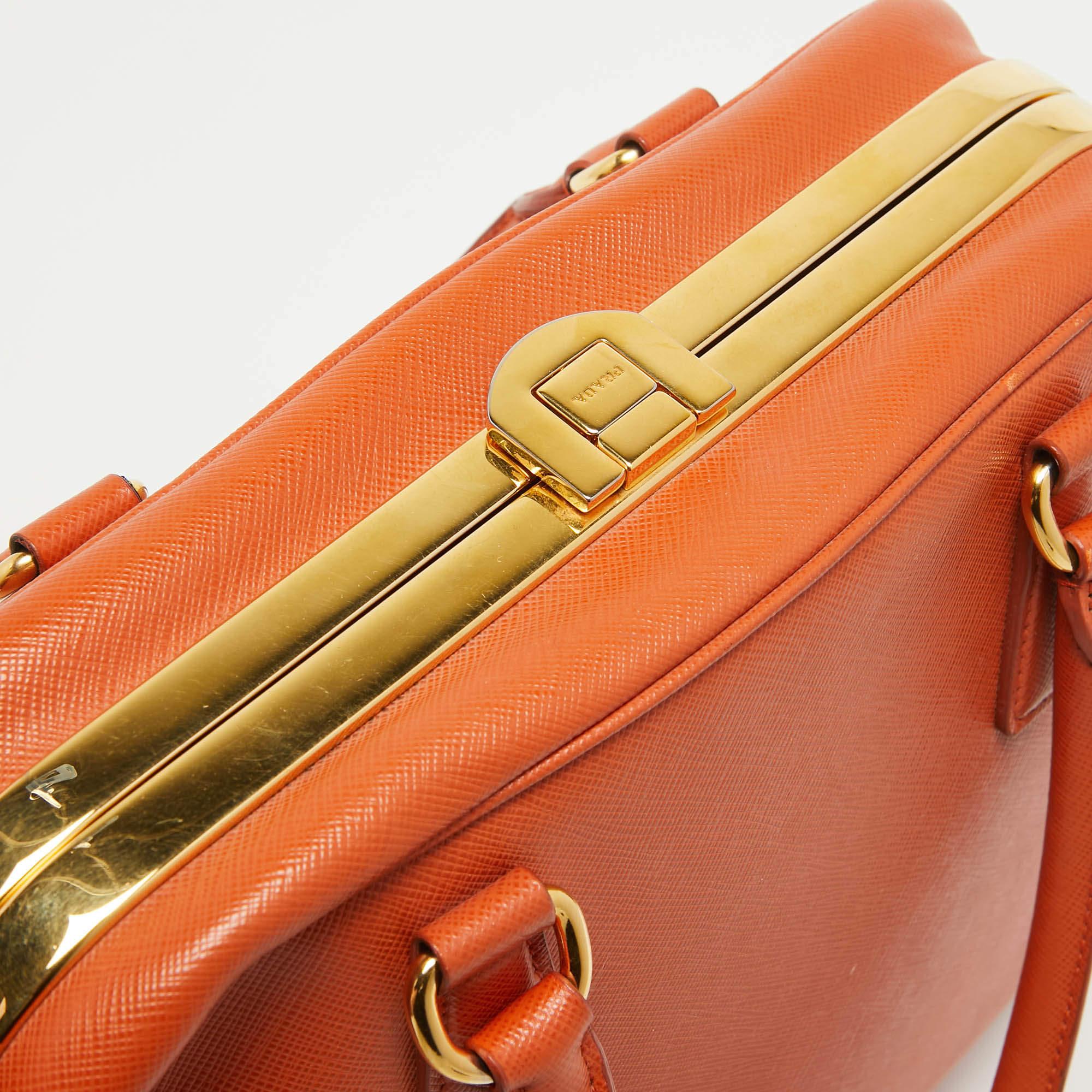 Prada Orange Saffiano Lux Leather Pyramid Frame Satchel For Sale 3