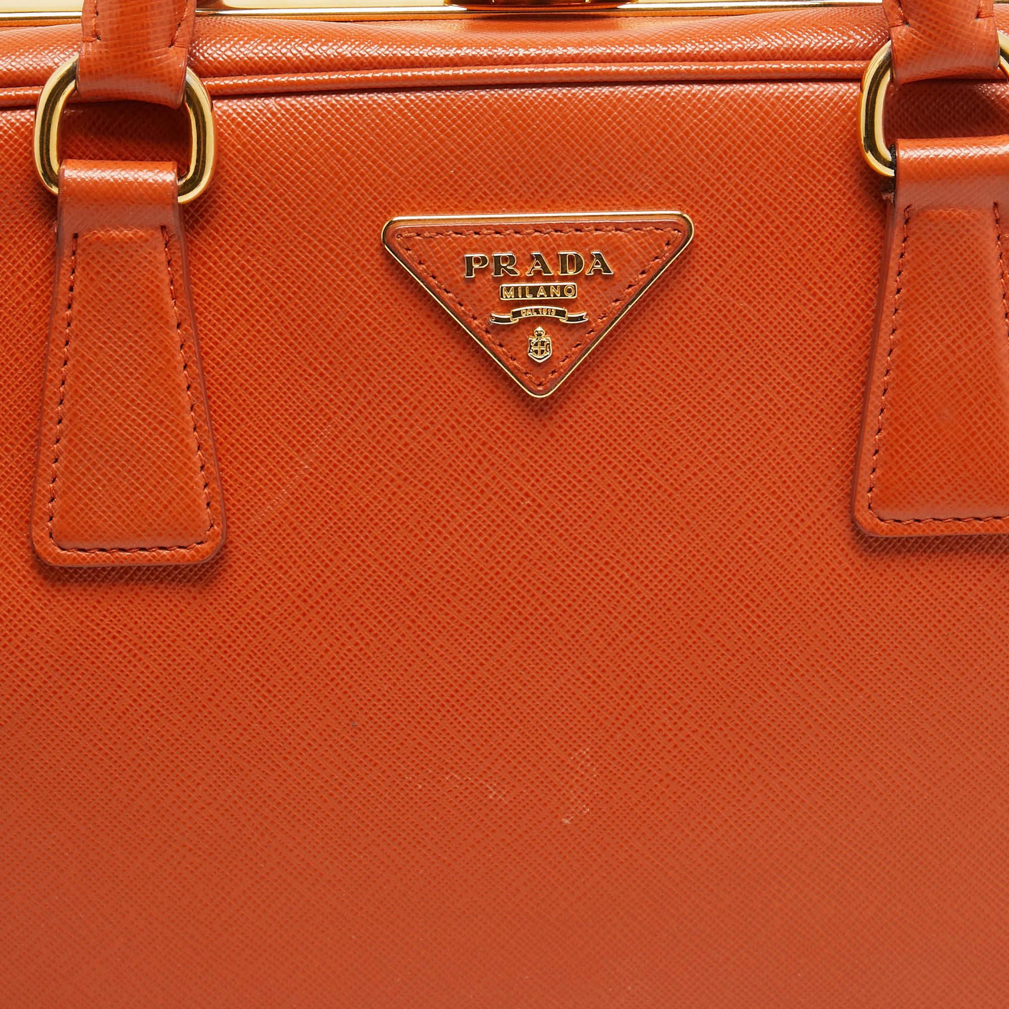 Prada Orange Saffiano Lux Leather Pyramid Frame Satchel For Sale 5