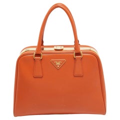 Used Prada Orange Saffiano Lux Leather Pyramid Frame Satchel