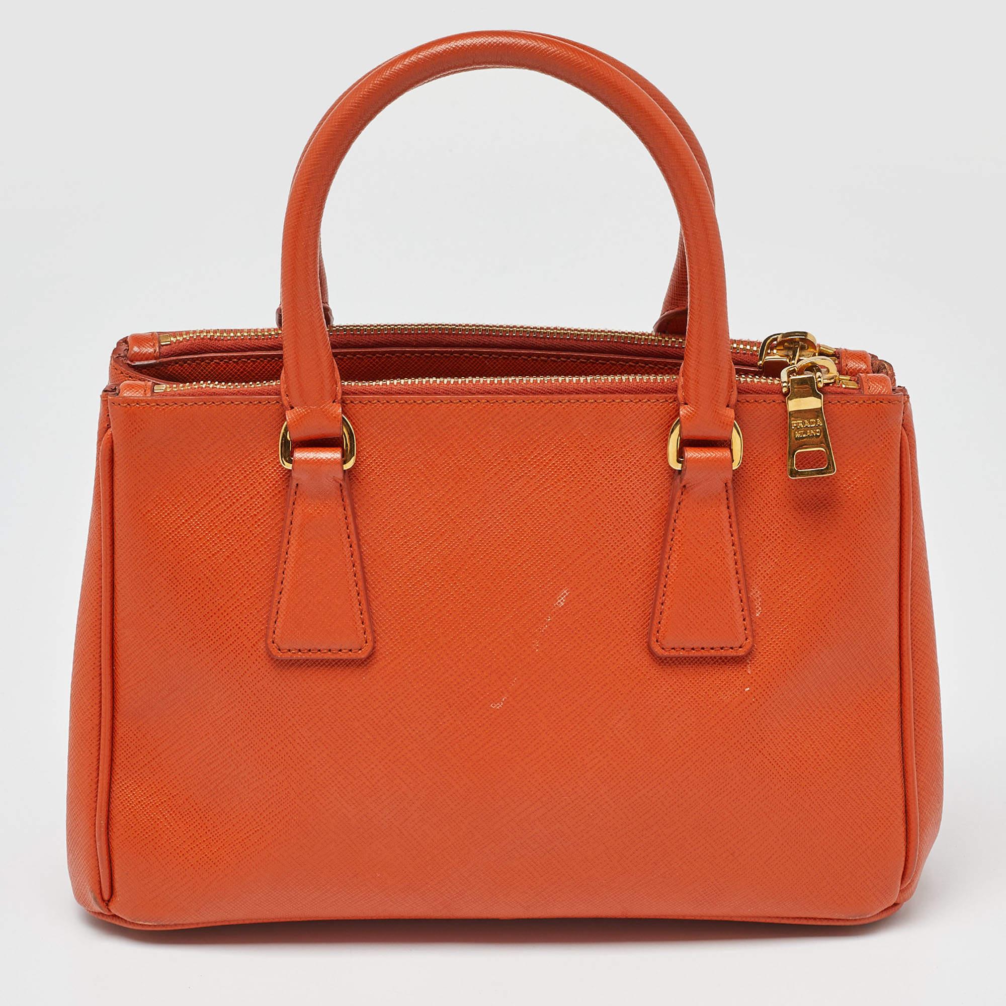 Women's Prada Orange Saffiano Lux Leather Small Galleria Double Zip Tote