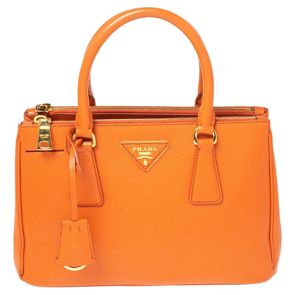 Prada Orange Saffiano Lux Leather Small Galleria Double Zip Tote