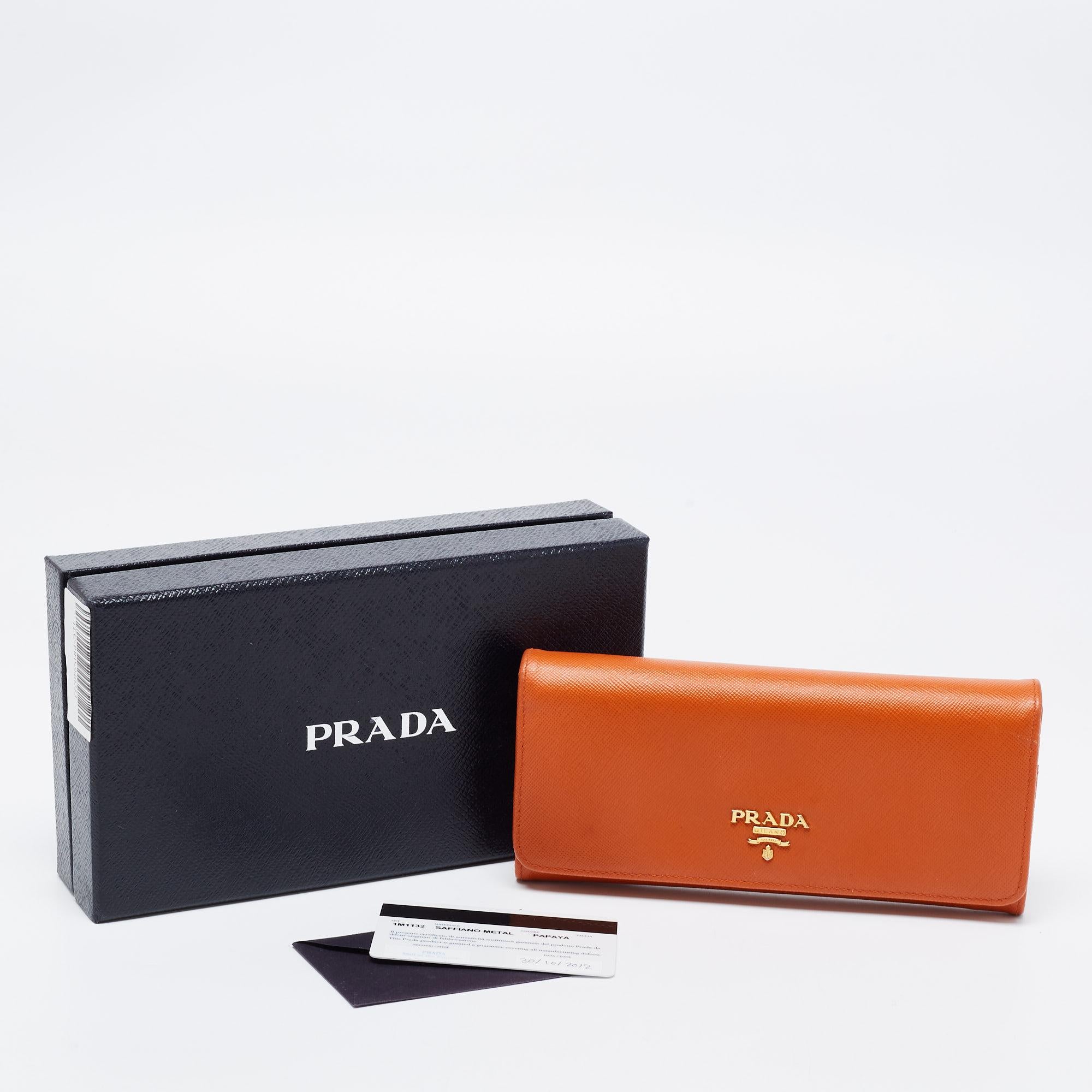 Prada Orange Saffiano Metal Leather Flap Continental Wallet 6