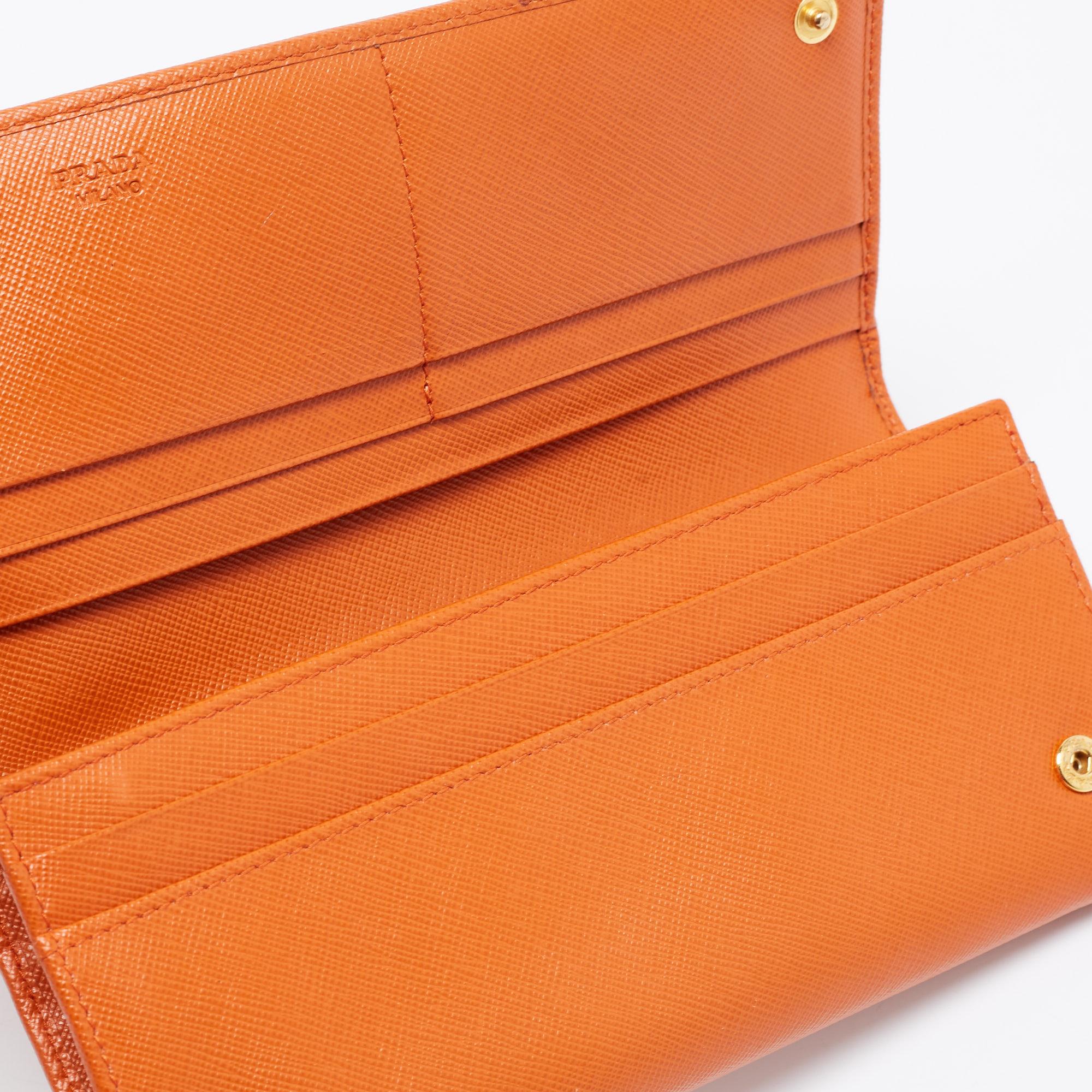 Prada Orange Saffiano Metal Leather Flap Continental Wallet In Good Condition In Dubai, Al Qouz 2