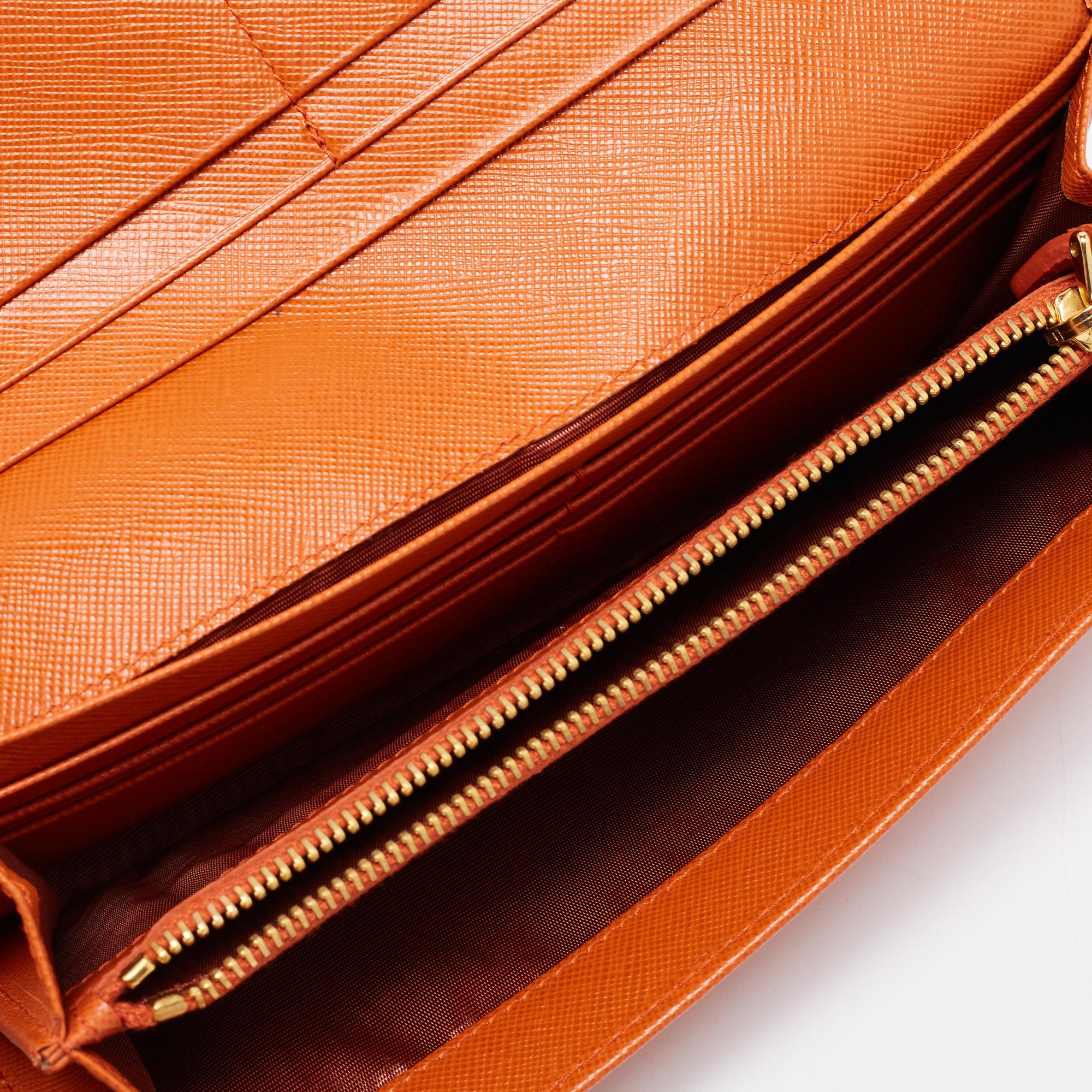 Women's Prada Orange Saffiano Metal Leather Flap Continental Wallet