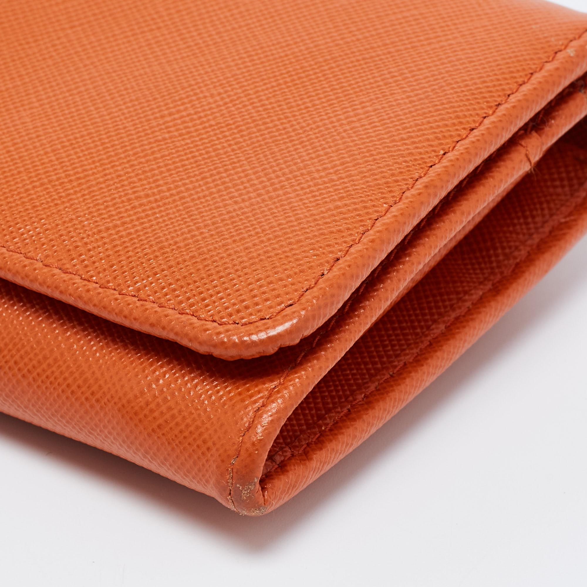 Prada Orange Saffiano Metal Leather Flap Continental Wallet 2