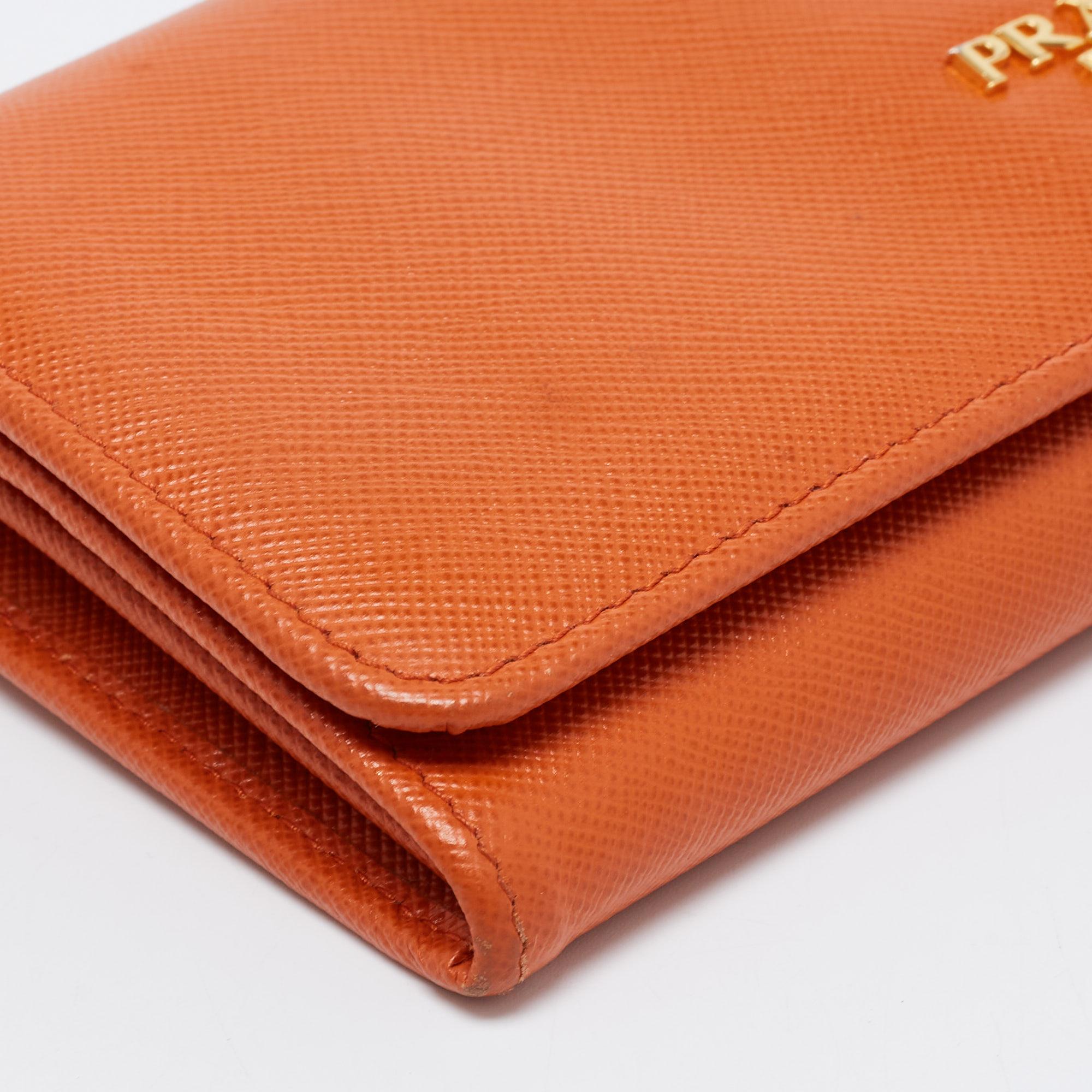 Prada Orange Saffiano Metal Leather Flap Continental Wallet 3