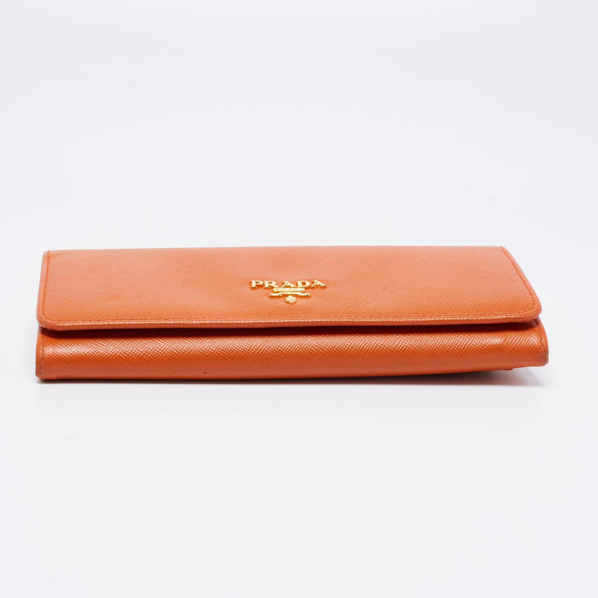 Prada Orange Saffiano Metal Leather Flap Continental Wallet 4