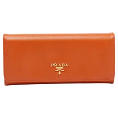 Prada Orange Saffiano Metal Leather Flap Continental Wallet