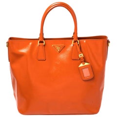 Prada Orange Saffiano Patent Leather Tote Bag