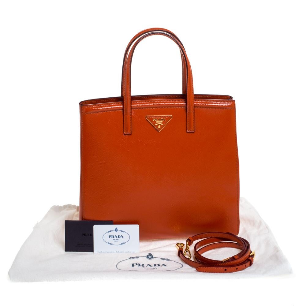 Prada Orange Saffiano Vernice Leather Parabole Tote 4