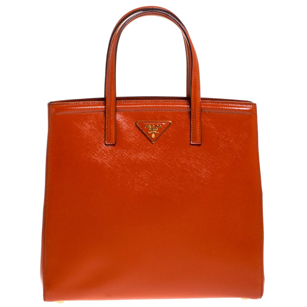 Prada Orange Saffiano Vernice Leather Parabole Tote
