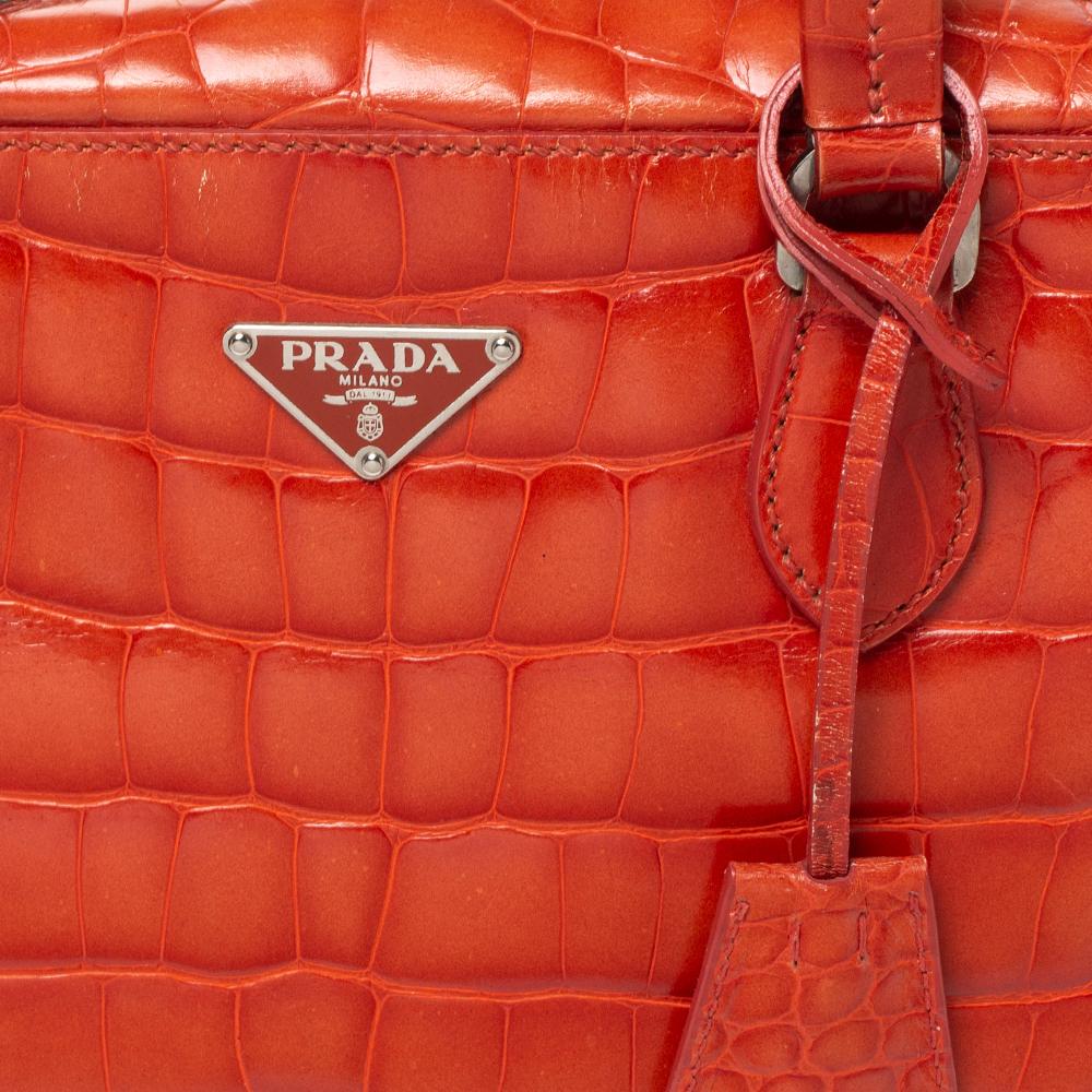 Red Prada Orange Shine Croc Embossed Leather Bauletto Satchel