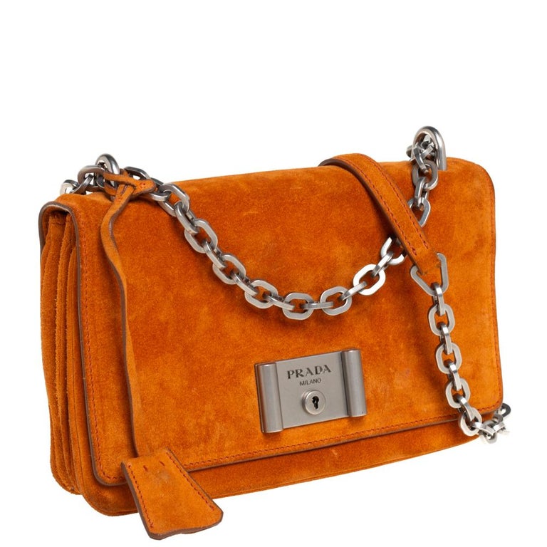 Prada Orange Suede Lock Flap Chain Shoulder Bag at 1stDibs