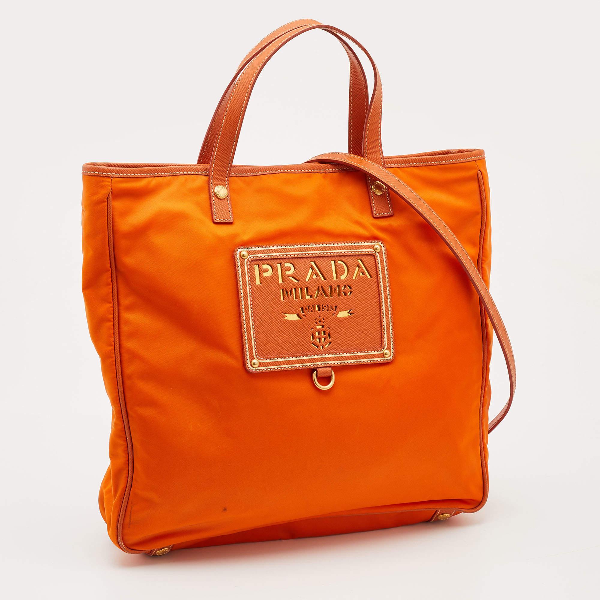 Prada Orange Tessuto Nylon and Saffiano Lux Leather Oro Tote at 1stDibs