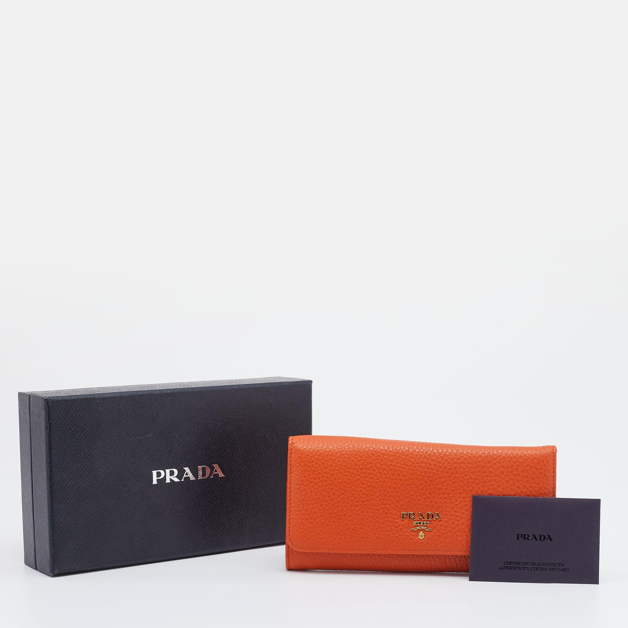 Prada Orange Vitello Daino Leather Flap Continental Wallet 6